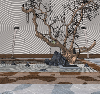 新中式景观小品，枯树干支，水景su草图模型下载