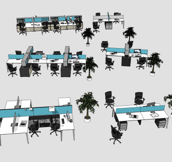 现代员工工位su草图模型下载