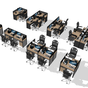 现代员工工位su草图模型下载