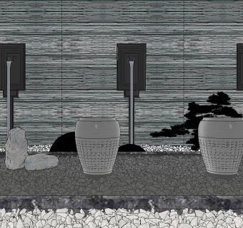 新中式景观小品，枯山水石，水景su草图模型下载