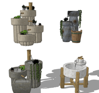 中式流水石磨景观小品su草图模型下载