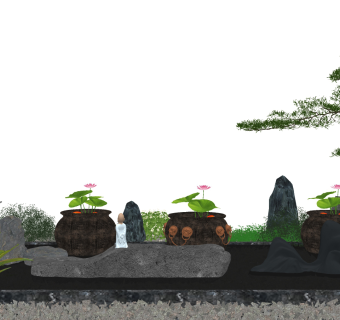 中式景观小品水景su草图模型下载