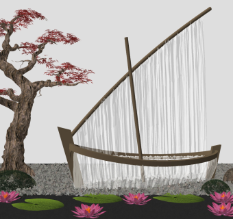 新中式景观小品，船，水景su草图模型下载