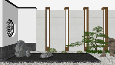 新中式庭院景观，水景su草图模型下载
