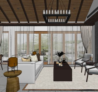 新中式会客厅su草图模型下载