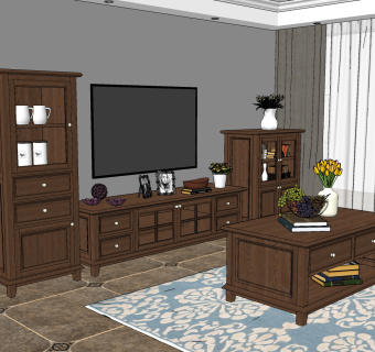欧式实木电视柜茶几边柜组合su草图模型下载