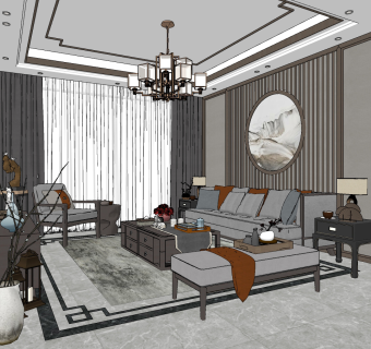 新中式客厅su草图模型下载