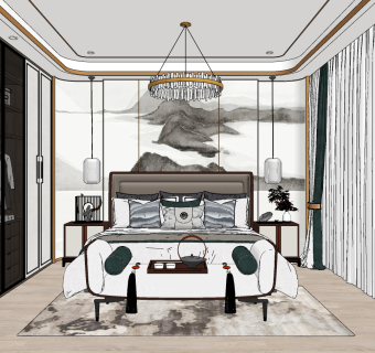 新中式卧室su草图模型下载