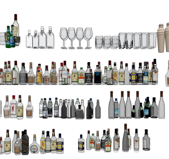 现代高精度酒瓶酒杯su草图模型下载