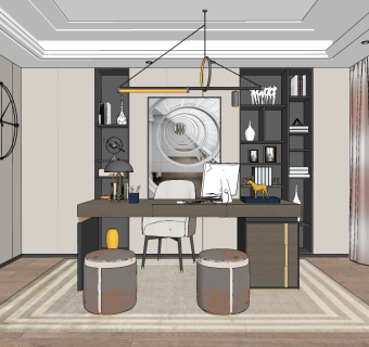 现代轻奢书房su草图模型下载