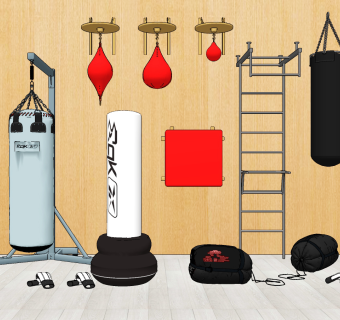 05现代健身房拳击袋沙包组合，拳击手套，器材设备，器械，su草图模型下载