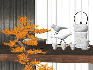 新中式松树盆景，茶具摆件su草图模型下载