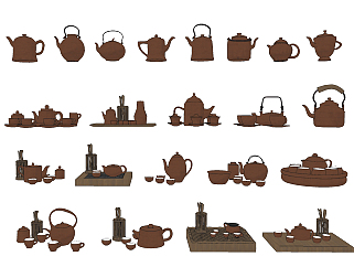中式紫砂茶壺茶杯茶具組合su草圖模型下載
