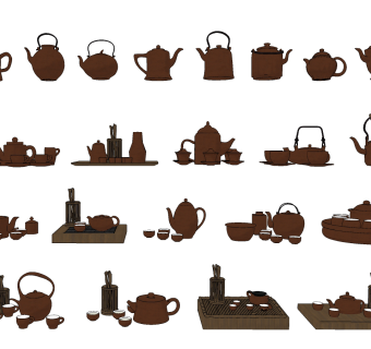 中式紫砂茶壶茶杯茶具组合su草图模型下载