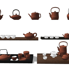 现代茶具组合su草图模型下载