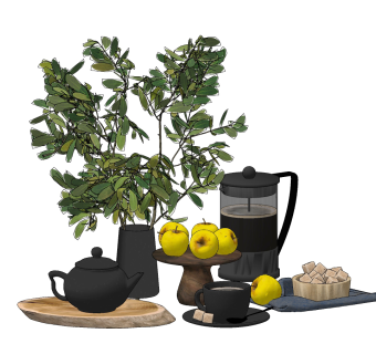 北欧茶具，花瓶，食物组合su草图模型下载