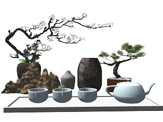 新中式茶具，盆景摆件su草图模型下载