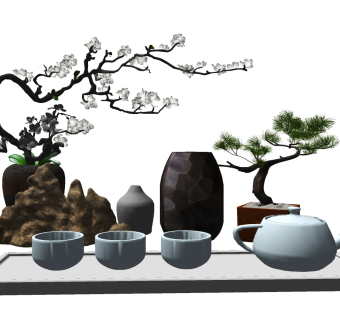 新中式茶具，盆景摆件su草图模型下载