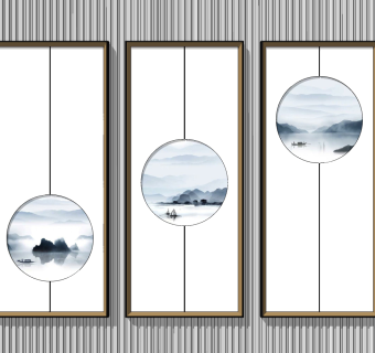 新中式山水装饰挂画su草图模型下载