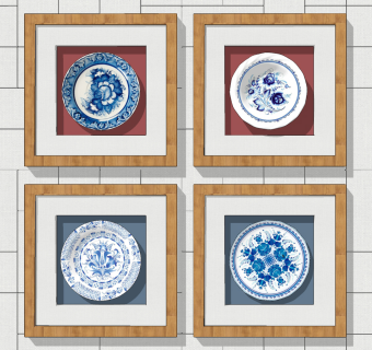 新中式青花瓷装饰画su草图模型下载