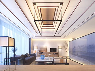 07新中式客厅，卧室，沙发书桌椅，电视柜，台灯，食盒家具展厅 (4)su草图模型下载
