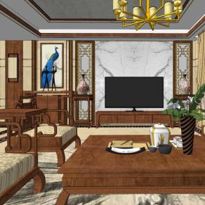 05中式古典风格家装样板间，客厅卧室红木家具，床沙发花架电视柜su草图模型下载