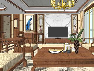 05中式古典风格家装样板间，客厅卧室红木家具，床沙发花架电视柜su草图模型下载