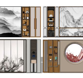 新中式背景墙，装饰柜，摆件su草图模型下载