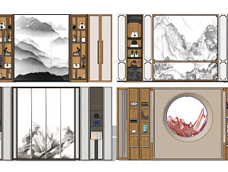 新中式背景墙，装饰柜，摆件su草图模型下载
