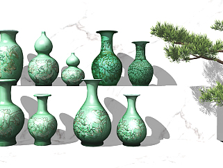 新中式雕花陶瓷器皿su草图模型下载