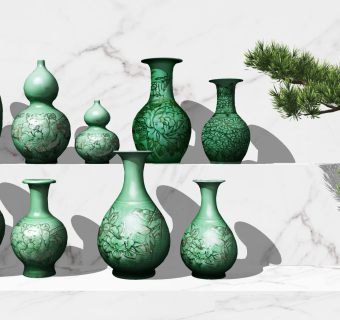 新中式雕花陶瓷器皿su草图模型下载