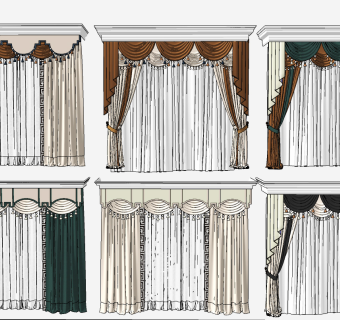 欧式法式新中式窗帘，布帘组合su草图模型下载