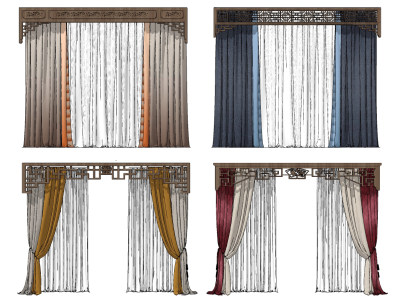 新中式窗帘组合su草图模型下载