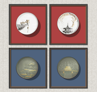 新中式盘子挂画su草图模型下载