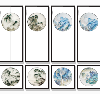 新中式山水装饰挂画su草图模型下载