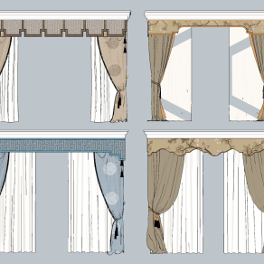 新中式欧式布艺窗帘su草图模型下载