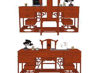 中式<em>古典</em>红木雕花书桌椅su草图模型下载