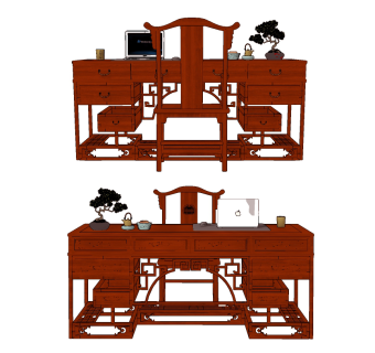 中式古典红木雕花书桌椅su草图模型下载