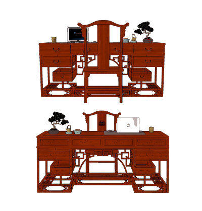 中式古典红木雕花书桌椅su草图模型下载