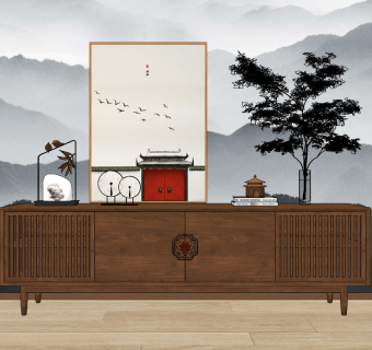 新中式实木电视柜su草图模型下载