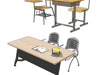 现代学生书桌椅，<em>课桌</em>椅su草图模型下载