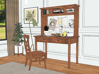 欧式实木书桌，椅子su草图模型下载