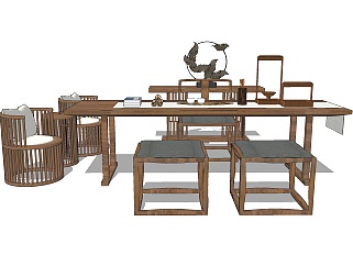 新中式实木书桌椅su草图模型下载