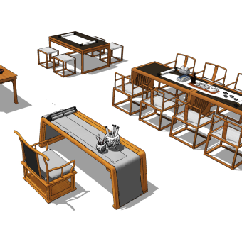 中式书桌椅茶桌椅组合su草图模型下载