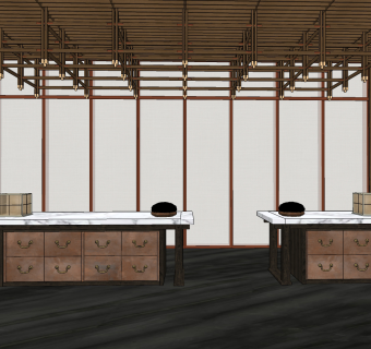 新中式酒店会所，大理石服务台su草图模型下载