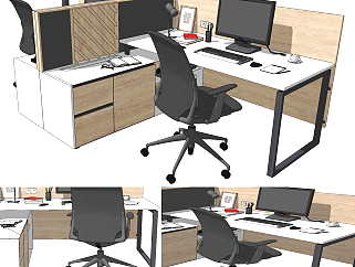 现代卡位办公桌椅，员工工位su草图模型下载