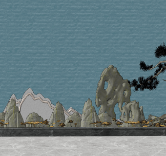 新中式景观小品，水景su草图模型下载