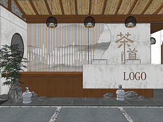 新中式茶馆，茶楼前台接待大厅su草图模型下载