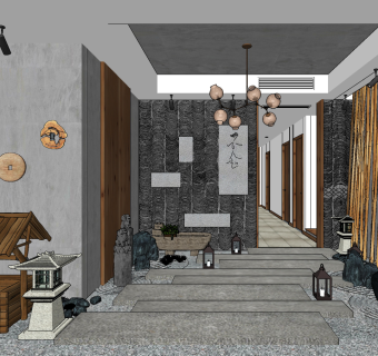 新中式茶楼茶餐厅su草图模型下载