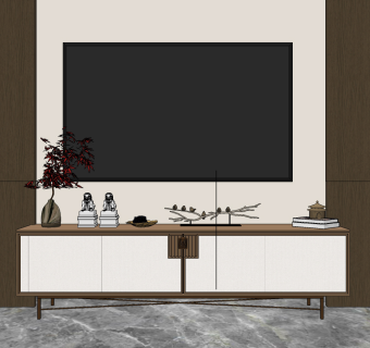 新中式实木电视柜su草图模型下载